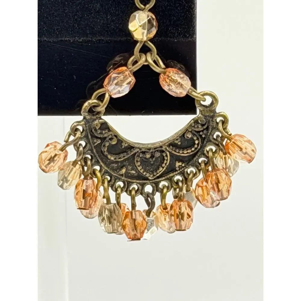Antique Brass Beaded Boho Chandelier Earrings | Peach Crystal